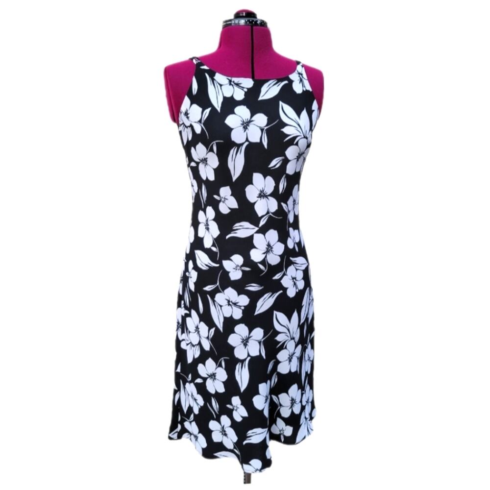Vintage S.L. Fashions 90s Black & White Floral Midi Formal Slip Dress sz 8